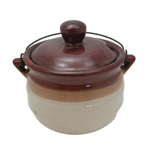 Clay Baked Bean Pot 3 qt with Handle Lid No Ladle Brown